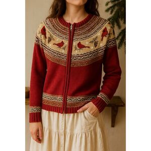 Croft & Barrow Women’s  Zip Sweater Red Fair Isle Birds Pine Cones Ramie Silk L